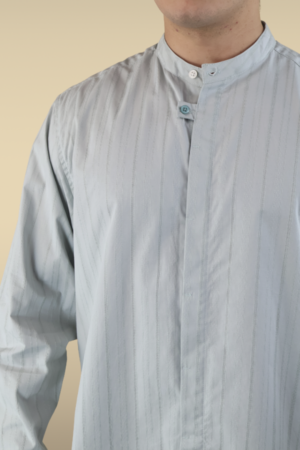 Camisa Hombre Cuello Mao Manga Larga Verde Manzana Estilo Túnica Con Rayas